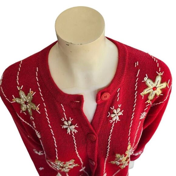 Bobbie Brooks Women’s M Christmas Sweater Cardigan Red Snowflake Beaded Holiday - Picture 5 of 12